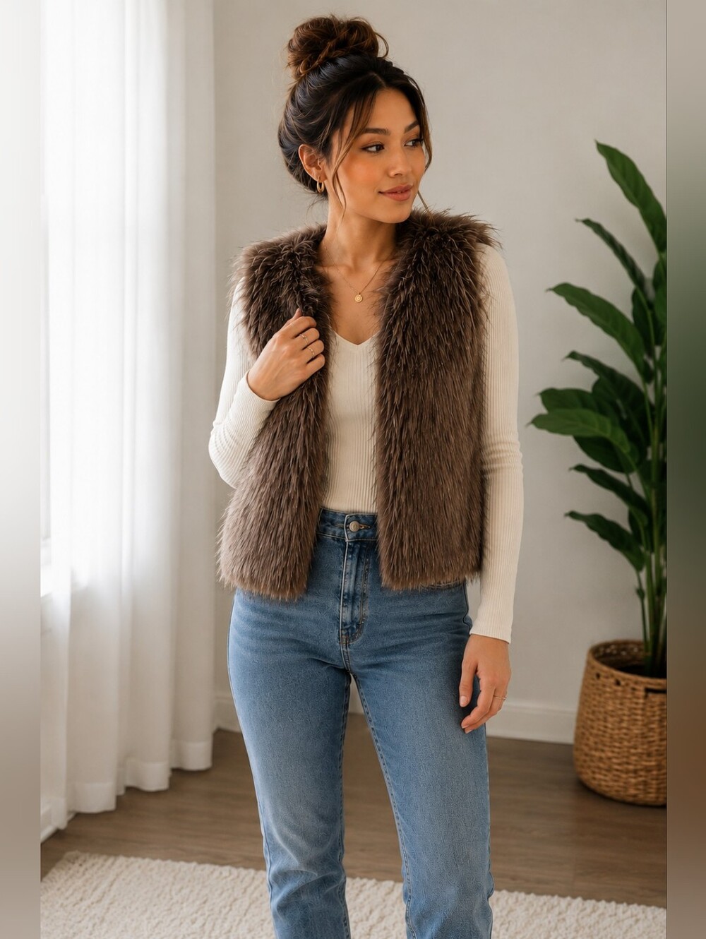 Miss London Brown Faux Fur Vest. Size Medium